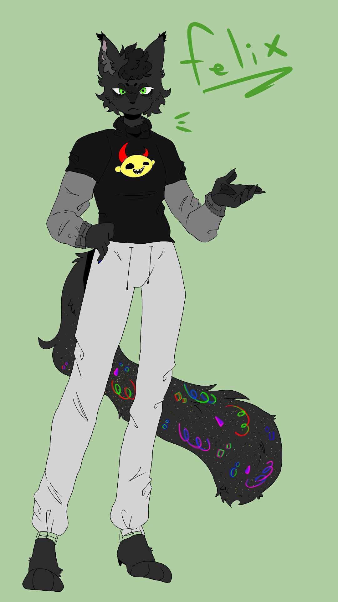 An anthropormorphic black cat